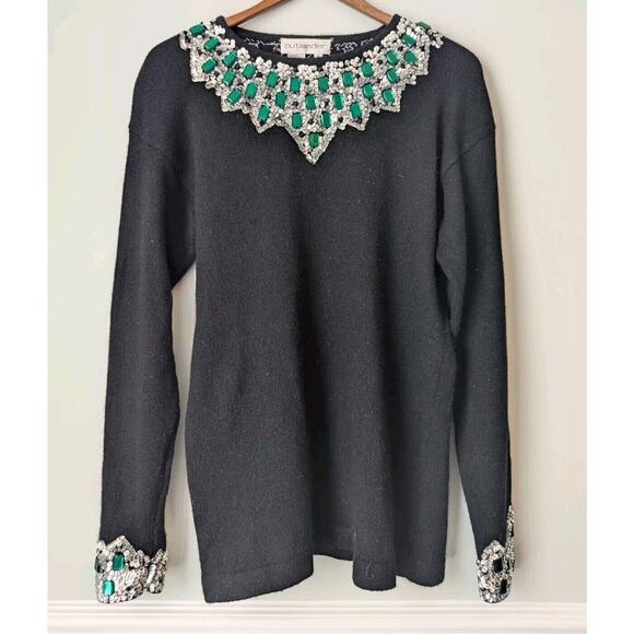 Outlander Sweater Womens Small Black Silk Angora Green Silver Sequins Pullover - Picture 1 of 10